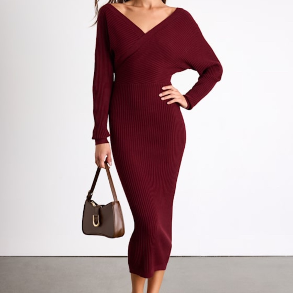 Lulus Bixby Burgundy Ribbed Surplice Bodycon Midi Dress Red - Size S